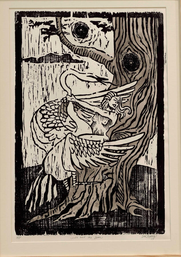 Leda and the Swan Hand toned woodcut, 2025